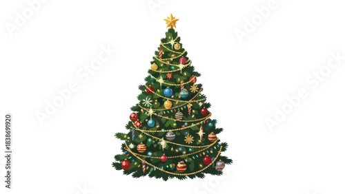 A decorated conical green Christmas tree topped with a yellow star