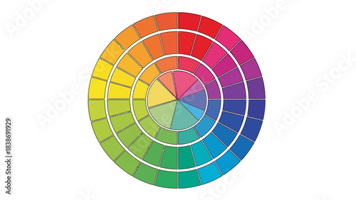 A detailed threering circular color wheel with twelve primary and secondary hues