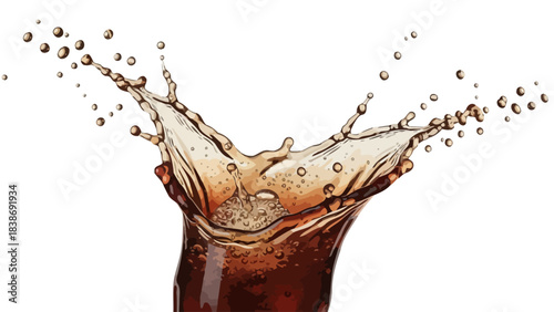 A dynamic brown liquid splash erupting from the top of a dark container against a white background