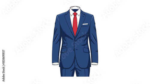 A fullbody illustration of a blue suit white shirt and red tie