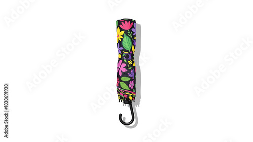 A folded umbrella with a vibrant floral pattern on a white background