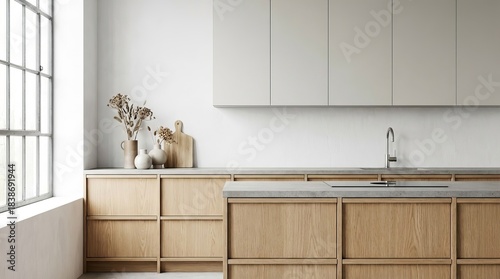 Modern Nordic kitchen in a loft apartment, featuring clean lines, light wood tones, matte cabinets, and minimalist décor, stylish 3D rendering