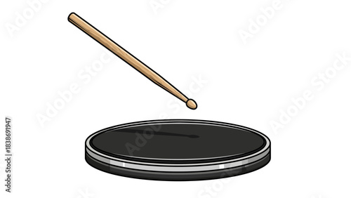 A drumstick poised above a round black practice pad on a white background