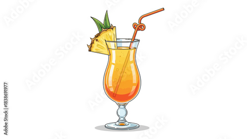 A hurricane glass holds an orange cocktail garnished with a pineapple wedge and straw