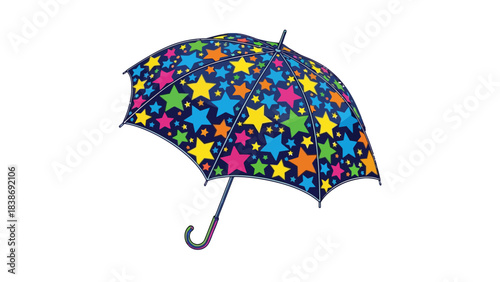 An open umbrella with a dark blue canopy patterned with multicolored stars