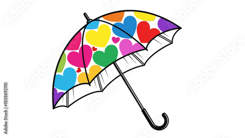 An open umbrella with a multicolored heart pattern on a white background