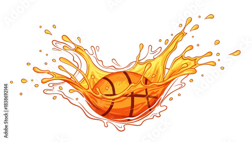Basketball splashing into orange liquid creating a dynamic burst