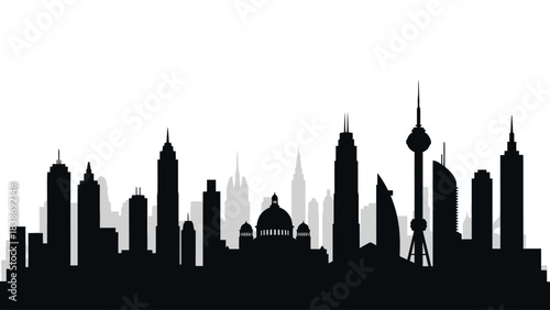 Black and gray silhouette of a dense modern and historic cityscape against white