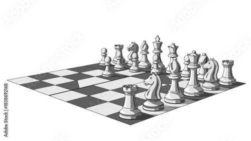 Black and white 3D rendering of a chess game setup on a checkered board
