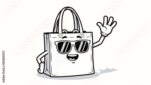 Black and white cartoon tote bag with arms legs sunglasses and waving hand