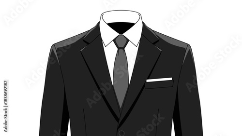 Black and white digital illustration of a suit jacket white collar shirt and dark tie