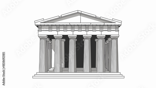 Black and white drawing of a classical Greek temple facade with columns