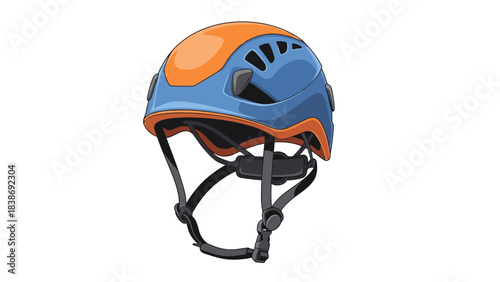 Blue and orange climbing helmet with black straps isolated on white