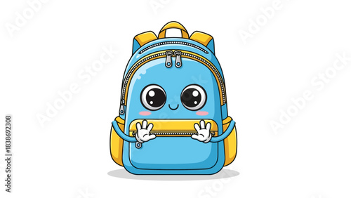 Blue and yellow cartoon backpack with large eyes and small hands