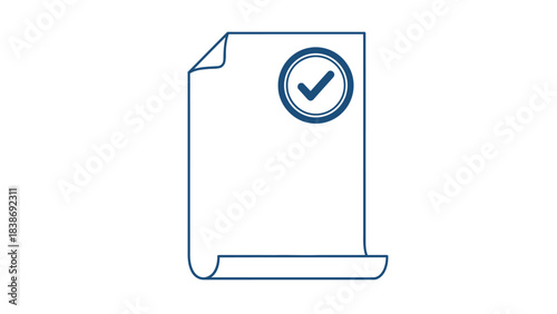 Blue outline drawing of a document with a checkmark seal