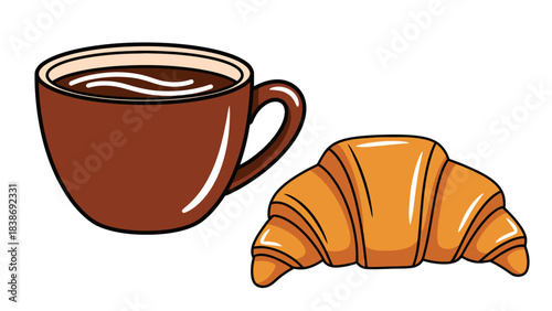Brown coffee mug next to an orange croissant on a white background