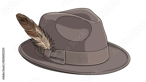 Brown fedora hat with a decorative feather tucked into the hatband
