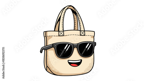 Cartoon beige tote bag wearing black sunglasses with a smiling mouth