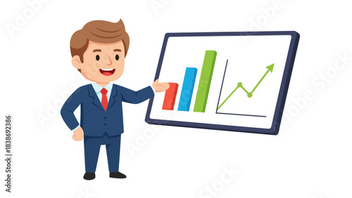 Businessman presenting a screen with bar and line graphs showing growth
