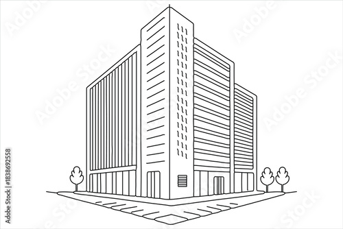 Business office building, continuous line ar,t clean vector style