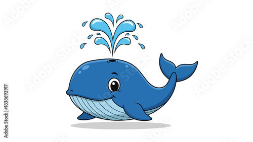 Cartoon blue whale spouting water isolated on white background
