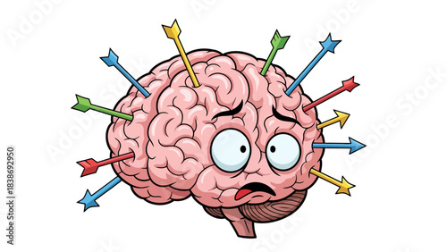 Cartoon brain impaled by multiple colorful arrows with a distressed expression