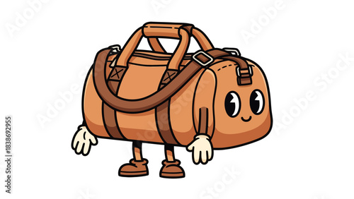 Cartoon brown duffel bag with arms legs and large eyes