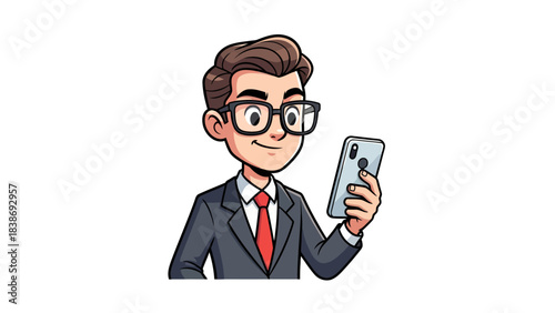 Cartoon businessman in a suit and glasses holding a smartphone
