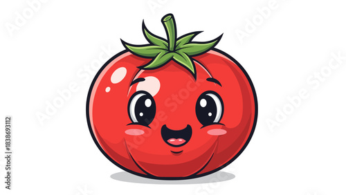 Cartoon red tomato with a smiling face and green stem on white background