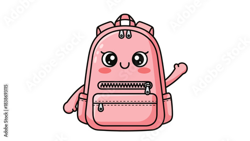 Cartoon pink backpack with a cute face and waving arm