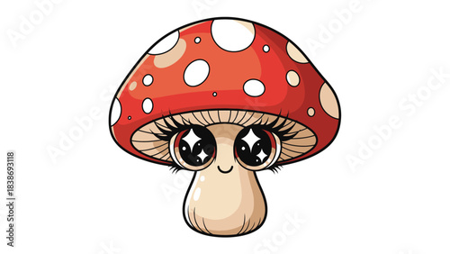 Cartoon red and white spotted mushroom character with large sparkling eyes