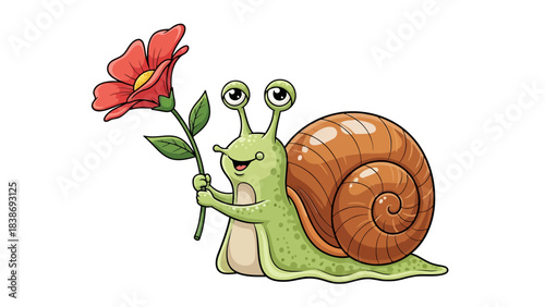 Cartoon snail holding a red flower with green stem and leaves