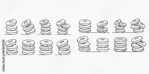 Set of stacked donuts in continuous line art style, hand-drawn vector illustration of sweet pastries.