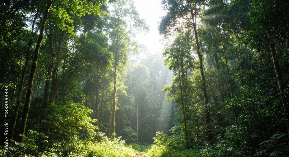 Obraz premium Lush sunlight filters through towering green trees in a dense forest