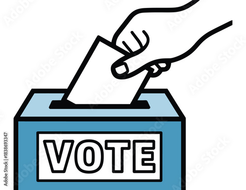 A hand casts a vote into a blue ballot box with the word 'VOTE' displayed.