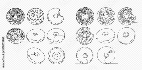 Set of continuous line drawings featuring various delicious donuts with different toppings and bites, perfect for sweet treats and dessert concepts.
