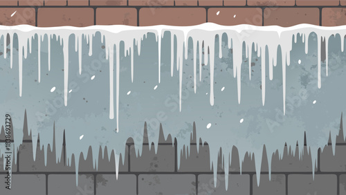 Winter ice and snow dripping down a gray brick wall texture. Cold frosted stone background with icicles for seasonal holiday banners, frozen weather concepts, and outdoor architectural decor.