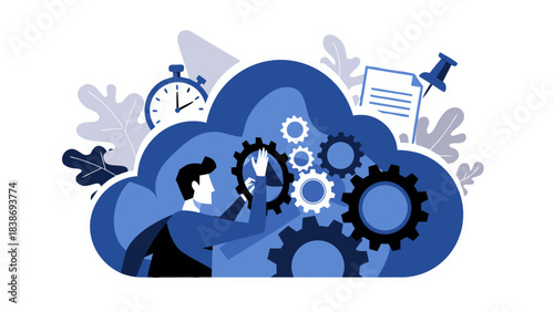 Man Adjusting Gears Inside A Blue Cloud Symbol With Clock And Plants In The Background Representing Cloud Computing And Data Processing