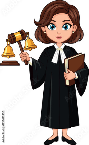 Smiling Cartoon Female Judge or Lawyer in a Black Robe Holding a Gavel and Golden Scales of Justice, Representing Legal Authority and Trial Vector Illustration.