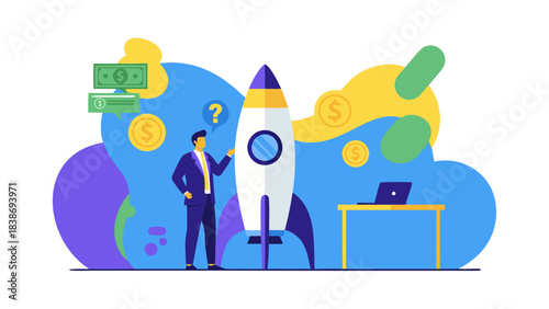 Man in Suit Standing Next to Rocketship with Money and Laptop on Table in Abstract Blue Yellow and Green Background