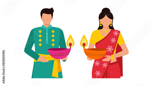 Man In Teal Kurta And Woman In Red Saree Holding Lit Diyas With Yellow Flames For Diwali Celebration Against Black Background
