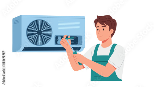 Man in Teal Overalls Performing Maintenance on a Light Blue Outdoor Air Conditioning Unit with a Silver Screwdriver Examining the Fan Grill and Internal Components with Subtle Blue Lighting