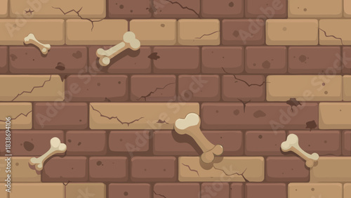 Spooky archeology background with ancient bones scattered on a cracked, weathered stone brick wall. Grungy underground tomb texture for Halloween decor, gaming levels, and mystery concepts.