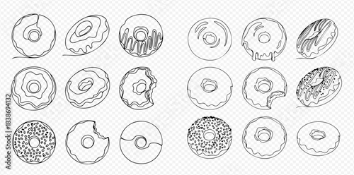 Set of hand drawn sketch donuts with different toppings and bites, black and white outline vector illustration.