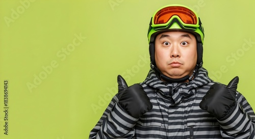 Funny Asian Adult Man in Bright Green Ski Helmet and Goggles, Striped Jacket, and Black Gloves Giving Two Thumbs Up with a Surprised Expression on a Vibrant Lime Green Studio Background.