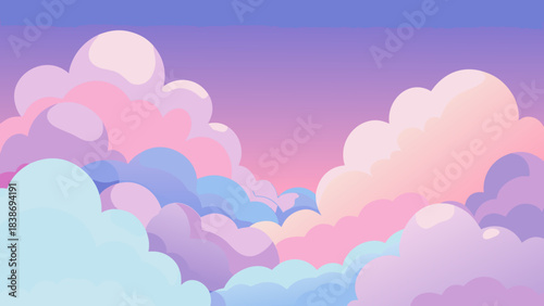 Dreamy pastel clouds in soft pink, blue, and purple hues. Whimsical sunset sky background with fluffy cumulus vapor for magical nursery decor, fantasy wallpaper, and ethereal web design.