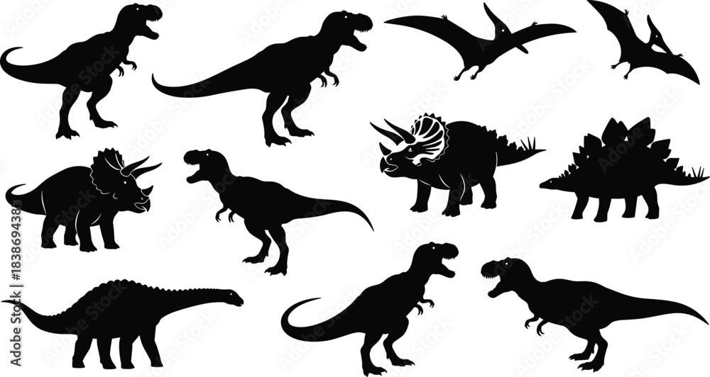 Naklejka premium Detailed Dinosaur Silhouette Vector Collection, Prehistoric Creature Outline Set, Triceratops Horns and T-Rex Black Graphic Art