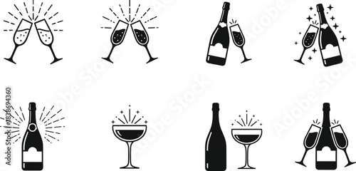 Quadro su tela Champagne Toast and Celebration Vector Icon Set, New Year Party Flute and Bottle