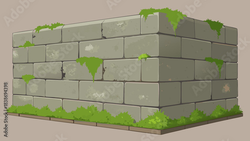 Ancient stone brick wall with green moss growing in crevices. Weathered gray masonry block background for medieval fantasy gaming, historical architecture, and ruins garden landscape design.