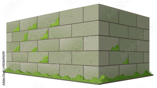 Ancient gray stone brick wall with green moss growing in crevices. Weathered masonry block background for medieval fantasy gaming, historical architecture, and ruins landscape design.